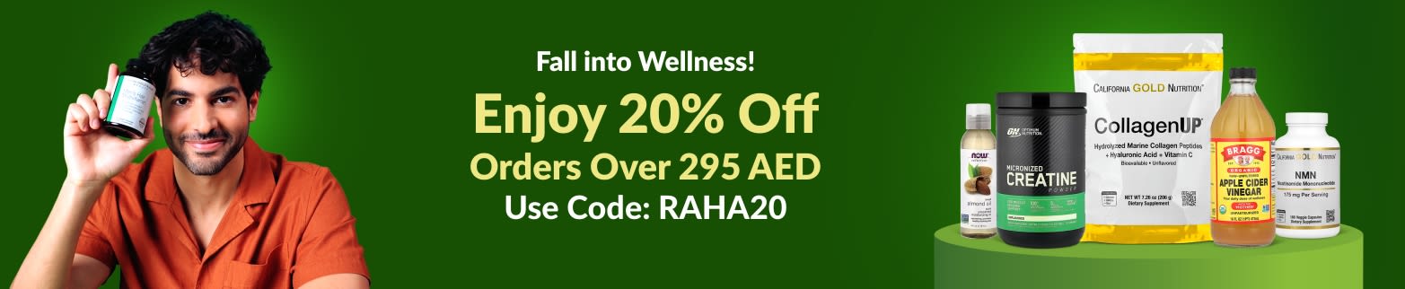Fall into Wellness promotion — enjoy 20% off orders over 295 AED with code RAHA20