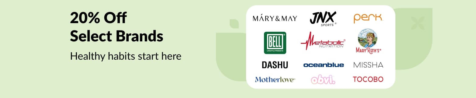 Promo banner: 20% off select brands. Mary & May, JNX Sports, Perk, Bell Lifestyle Products, Metabolic Nutrition, Mary Ruth's, Dashu, Oceanblue, Missha, Motherlove, Obvi, and Tocobo logos shown.