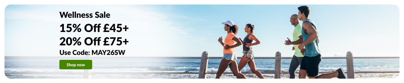 Wellness Sale banner offering 15% off £45+ and 20% off £75+ with promo code MAY26SW.