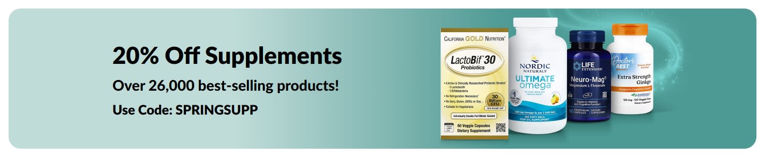 20% off supplements banner with code SPRINGSUPP, featuring products.