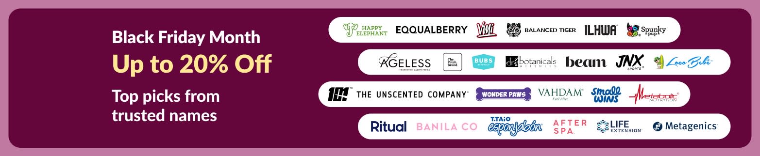 iHerb Black Friday Month banner offering up to 20% off top wellness brands.