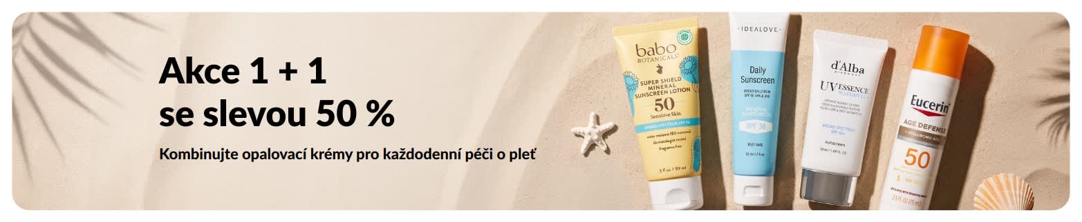 Banner iHerb na opalovací krémy s nabídkou „1 + 1 s 50% slevou“, představující dva SPF produkty pro každodenní péči o pleť.