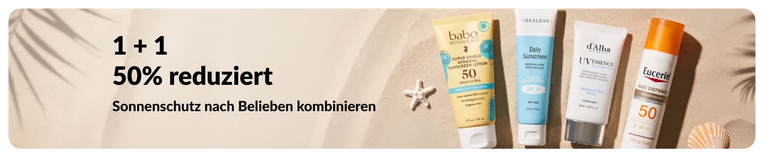 iHerb Sonnencreme-Werbebanner mit 2 Sonnencremes mit 50% Rabatt auf ein Sonnenschutzprodukt beim Kauf eines anderen.