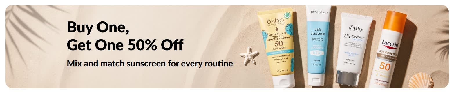 iHerb sunscreen promo banner offering buy one get one 50% off, featuring two SPF skincare products for daily use.