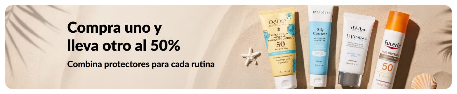 Banner promocional de iHerb con la oferta “Compra uno y lleva otro a mitad de precio” con productos del cuidado de la piel de uso diario.