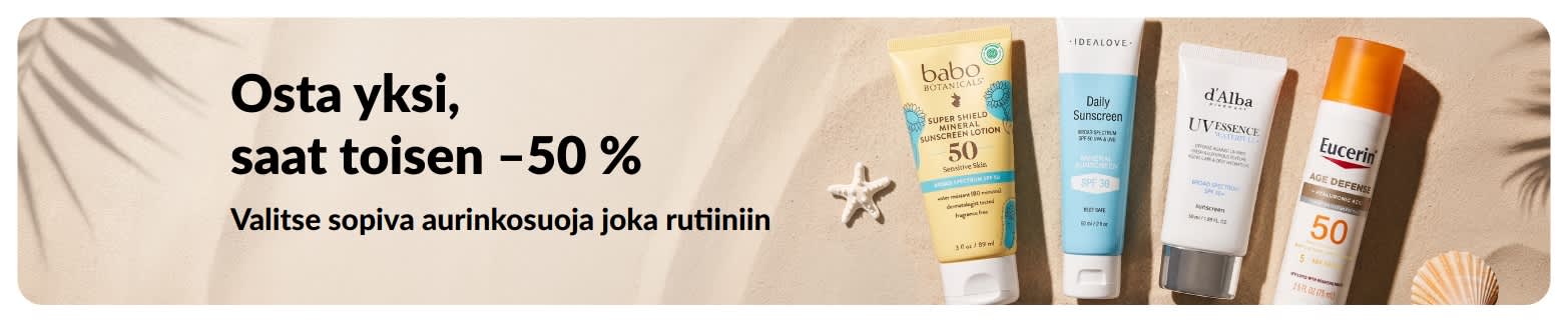 iHerbin mainosbanneri, joka tarjoaa toisen aurinkovoiteen –50 % kun ostat yhden. Kuvassa kaksi aurinkosuojatuotetta päivittäiseen käyttöön.