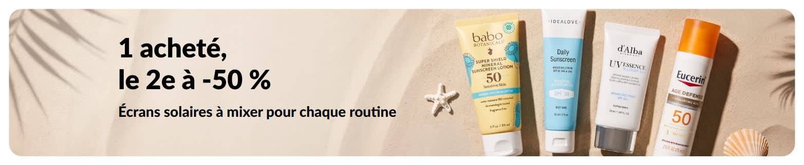 Bannière promo iHerb : 1 acheté, le 2e à -50 %, avec deux produits SPF pour un usage quotidien.
