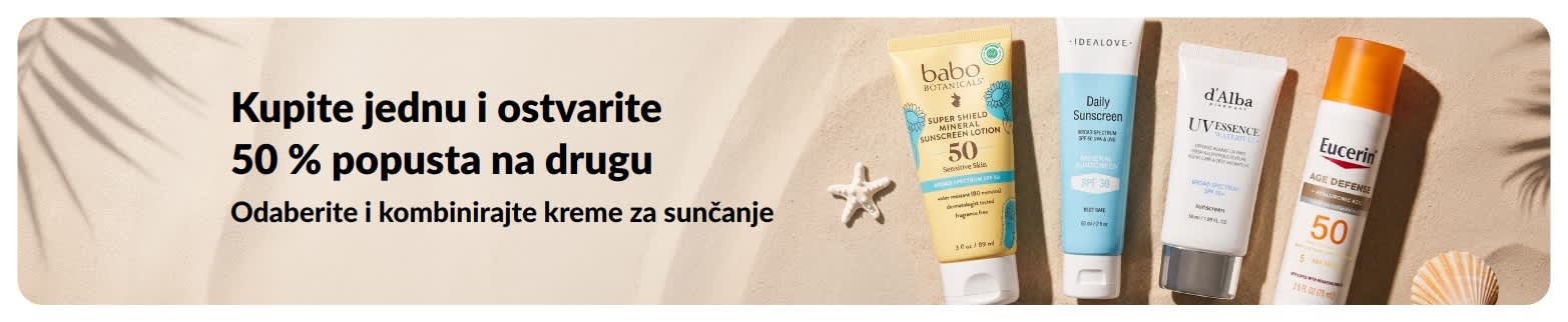 iHerb reklamni natpis za kreme za sunčanje koji promovira ponudu „Kupite jednu kremu za sunčanje i ostvarite 50 % popusta na drugu“ s prikazom dva proizvoda sa SPF faktorom za svakodnevnu njegu kože.