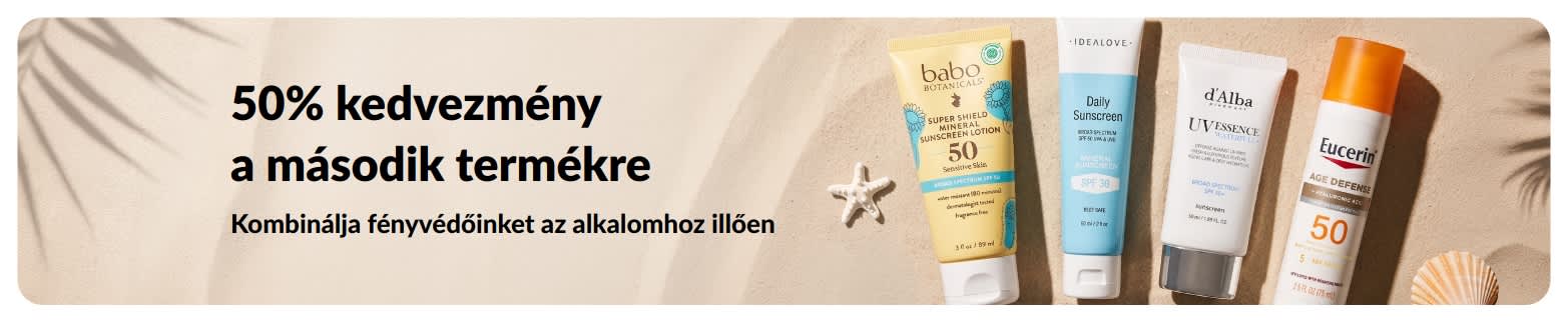 Az iHerb napvédő promóciós bannere, amelyen „-50% a második termékre” ajánlat szerepel, és amely két SPF-tartalmú fényvédőt ábrázol.