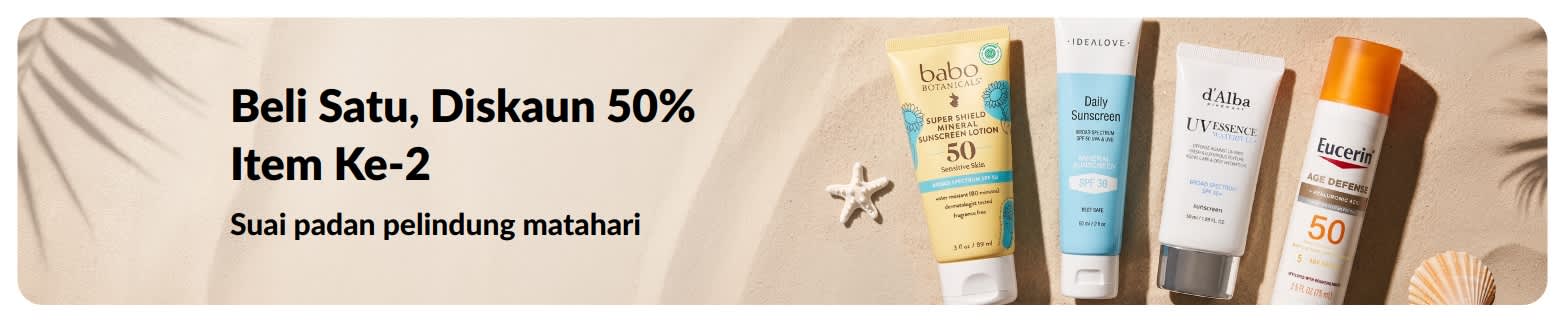 Sepanduk promosi pelindung matahari iHerb menawarkan beli 1 diskaun 50% item ke-2, dengan 2 produk penjagaan SPF untuk kegunaan harian.