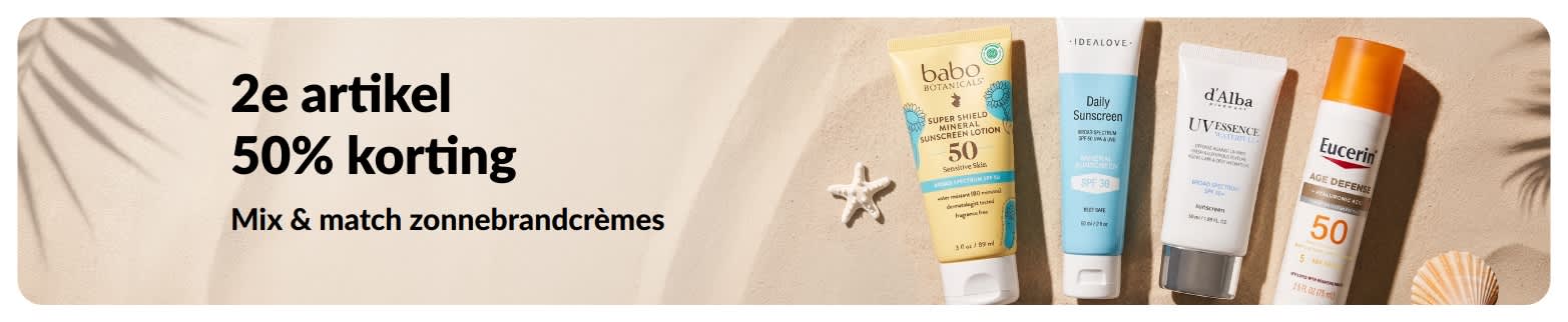 iHerb-promotiebanner voor zonnebrandcrème met een actie: 2e artikel 50% korting. De banner toont twee huidverzorgingsproducten met SPF voor dagelijks gebruik.