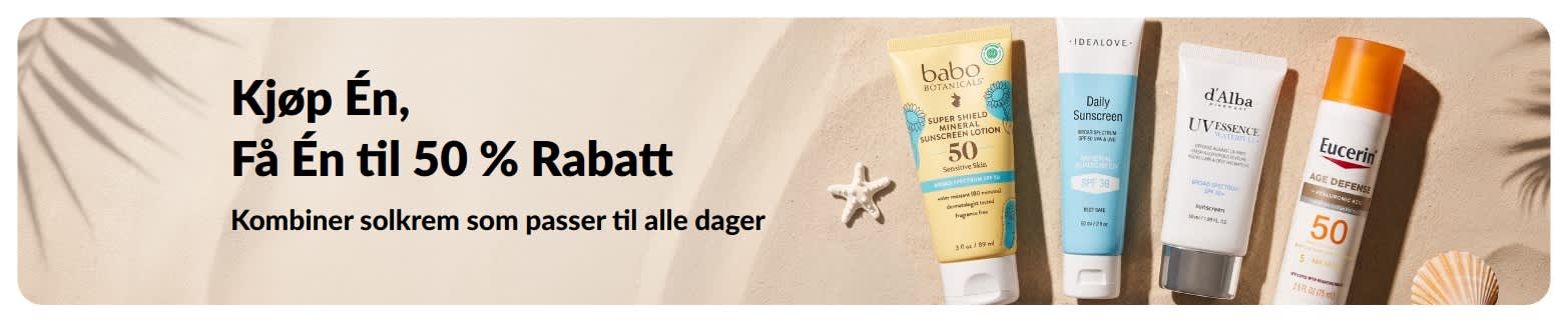 iHerb-kampanjebanner for solkrem: Kjøp én, få én til 50 % rabatt. Inneholder to SPF-hudpleieprodukter for daglig bruk.