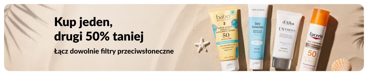 Banner promocyjny iHerb na filtry przeciwsłoneczne z ofertą »Kup 1, drugi 50% taniej«, przedstawiający dwa produkty SPF do pielęgnacji skóry do codziennego użytku