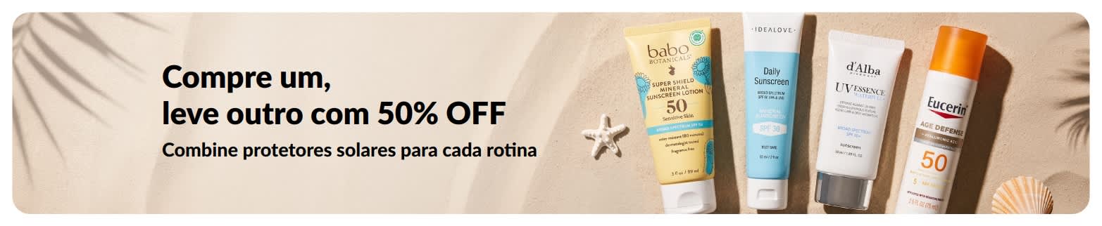 Banner promocional iHerb com protetores solares: compre um, leve outro com 50% OFF, com dois produtos de skincare com FPS para uso diário.