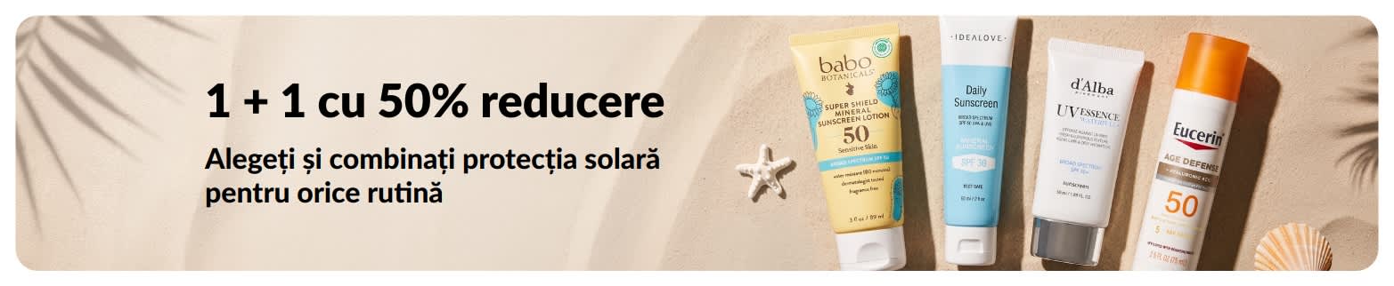 Banner iHerb cu protecție solară, cu oferta 1 + 1 cu 50% reducere și produse cu protecție solară pentru uz zilnic.