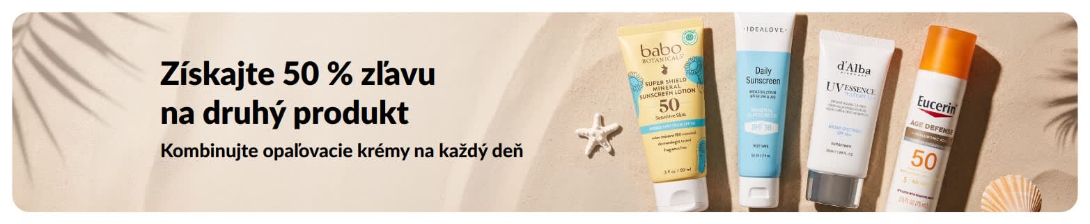 iHerb predajný baner, ktorý propaguje 50 % zľavu na druhý opaľovací krém s dvoma SPF krémami na každodenné použitie.