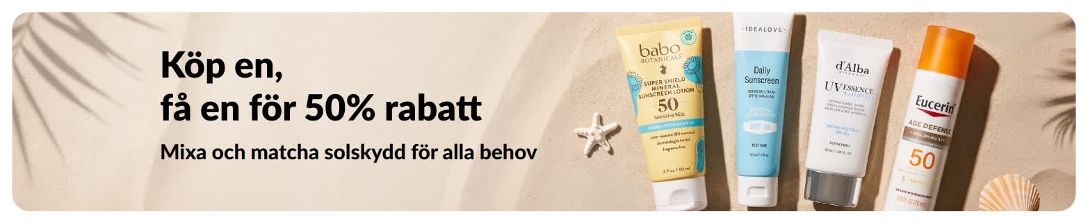 iHerb kampanjbanner för solskydd som erbjuder Köp en, få en för halva priset, med två solskyddsprodukter för daglig användning.