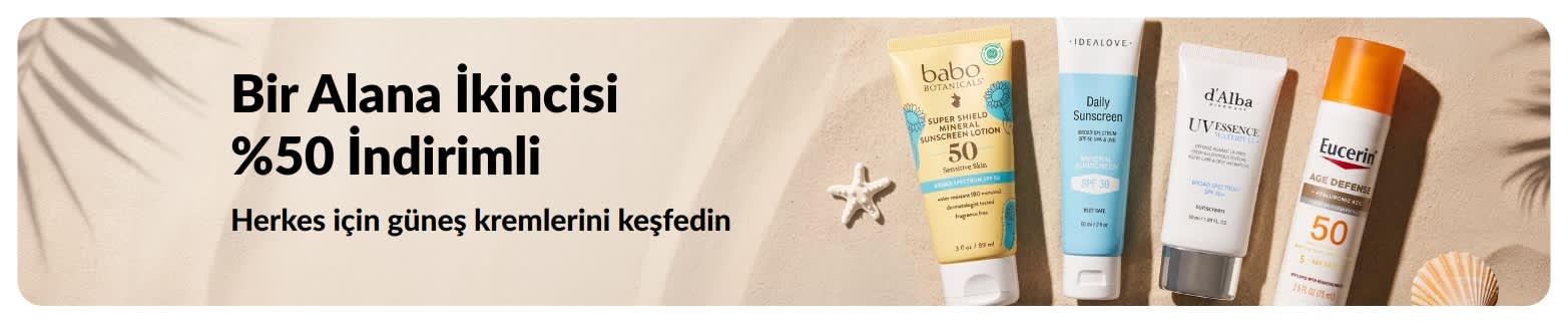 Günlük kullanım için iki SPF cilt bakım ürününü öne çıkaran, 1 Alana 2.si %50 İndirimli güneş kremi kampanyası iHerb banner’ı