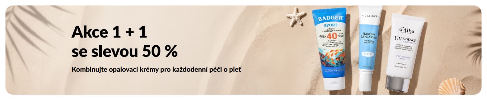 Banner iHerb na opalovací krémy s nabídkou „1 + 1 s 50% slevou“, představující dva SPF produkty pro každodenní péči o pleť.
