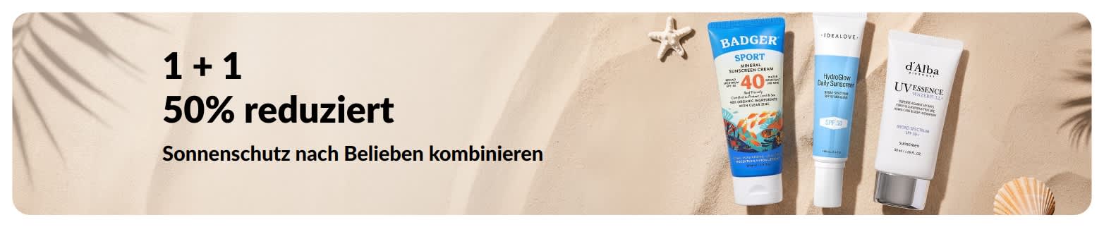 iHerb Sonnencreme-Werbebanner mit 2 Sonnencremes mit 50% Rabatt auf ein Sonnenschutzprodukt beim Kauf eines anderen.