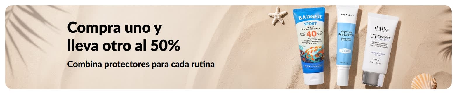Banner promocional de iHerb con la oferta “Compra uno y lleva otro a mitad de precio” con productos del cuidado de la piel de uso diario.