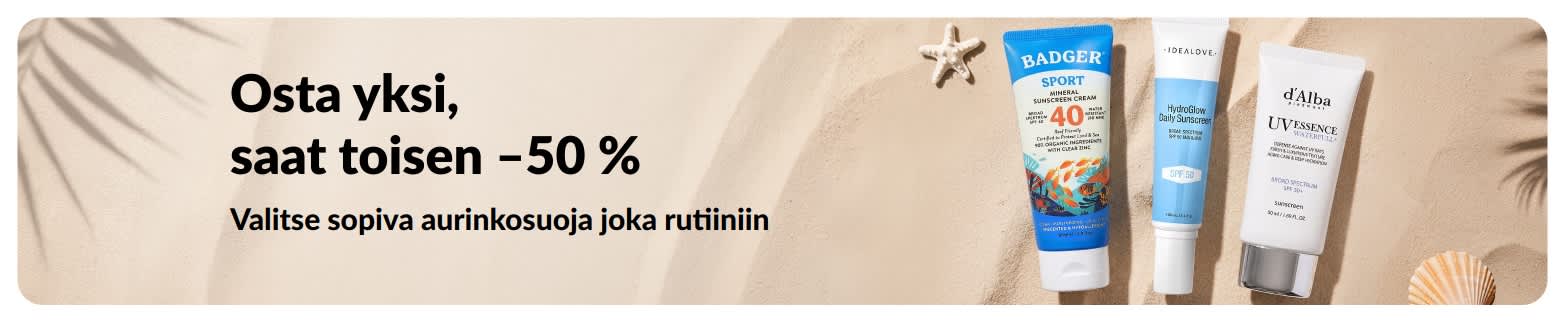 iHerbin mainosbanneri, joka tarjoaa toisen aurinkovoiteen –50 % kun ostat yhden. Kuvassa kaksi aurinkosuojatuotetta päivittäiseen käyttöön.