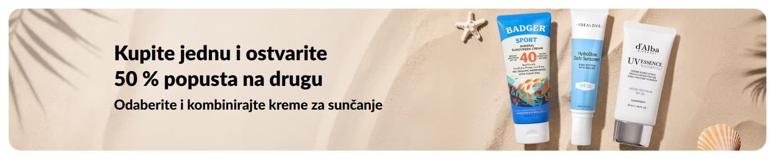 iHerb reklamni natpis za kreme za sunčanje koji promovira ponudu „Kupite jednu kremu za sunčanje i ostvarite 50 % popusta na drugu“ s prikazom dva proizvoda sa SPF faktorom za svakodnevnu njegu kože.