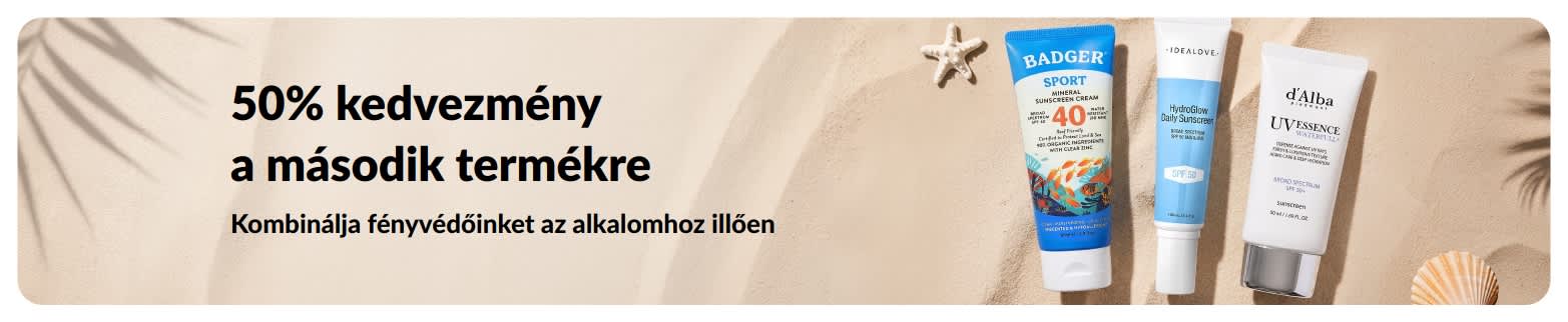 Az iHerb napvédő promóciós bannere, amelyen „-50% a második termékre” ajánlat szerepel, és amely két SPF-tartalmú fényvédőt ábrázol.
