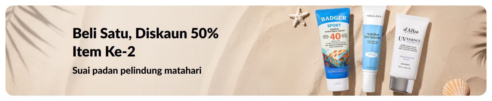 Sepanduk promosi pelindung matahari iHerb menawarkan beli 1 diskaun 50% item ke-2, dengan 2 produk penjagaan SPF untuk kegunaan harian.