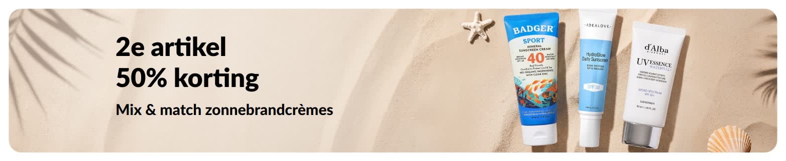 iHerb-promotiebanner voor zonnebrandcrème met een actie: 2e artikel 50% korting. De banner toont twee huidverzorgingsproducten met SPF voor dagelijks gebruik.