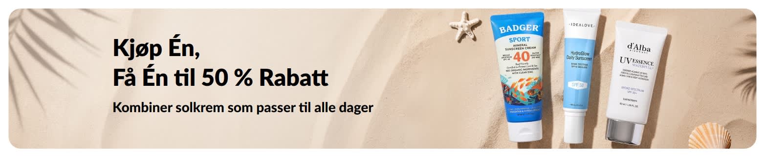 iHerb-kampanjebanner for solkrem: Kjøp én, få én til 50 % rabatt. Inneholder to SPF-hudpleieprodukter for daglig bruk.