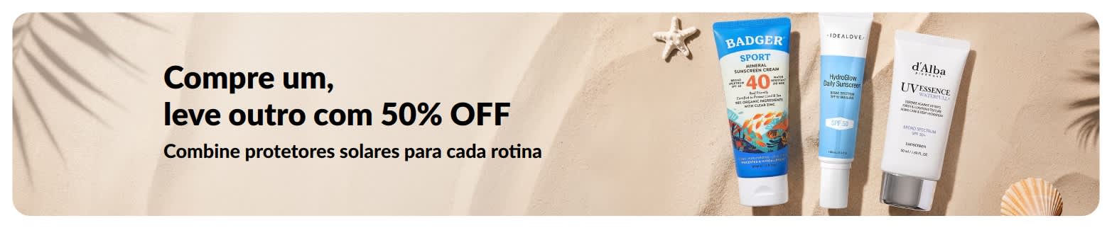 Banner promocional iHerb com protetores solares: compre um, leve outro com 50% OFF, com dois produtos de skincare com FPS para uso diário.