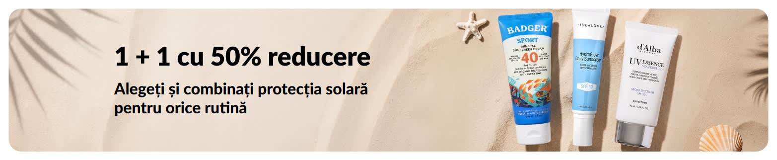 Banner iHerb cu protecție solară, cu oferta 1 + 1 cu 50% reducere și produse cu protecție solară pentru uz zilnic.