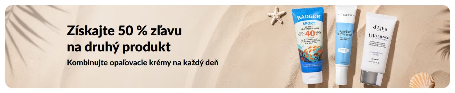 iHerb predajný baner, ktorý propaguje 50 % zľavu na druhý opaľovací krém s dvoma SPF krémami na každodenné použitie.