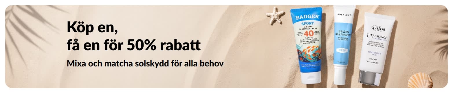 iHerb kampanjbanner för solskydd som erbjuder Köp en, få en för halva priset, med två solskyddsprodukter för daglig användning.
