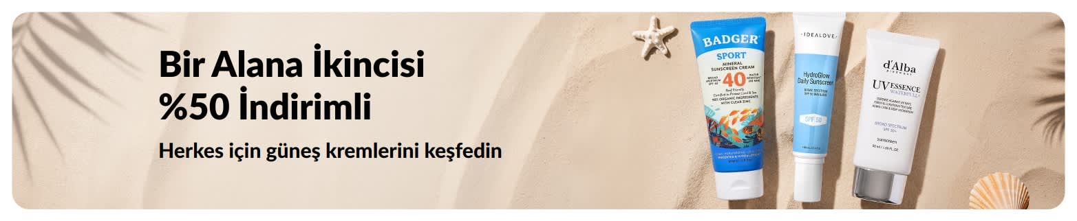 Günlük kullanım için iki SPF cilt bakım ürününü öne çıkaran, 1 Alana 2.si %50 İndirimli güneş kremi kampanyası iHerb banner’ı
