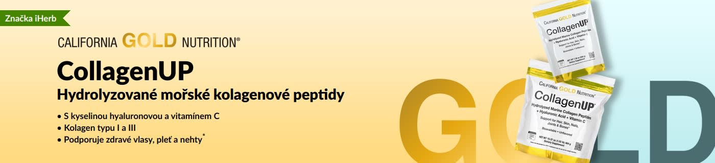 Banner pro mořské kolagenové peptidy California Gold Nutrition CollagenUP pro zdravé vlasy, pleť a nehty.
