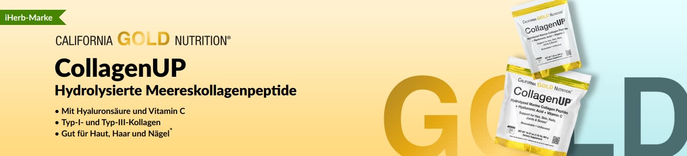 Banner für „California Gold Nutrition CollagenUP Marine Collagen Peptides“ für gesunde Haare, Haut und Nägel.