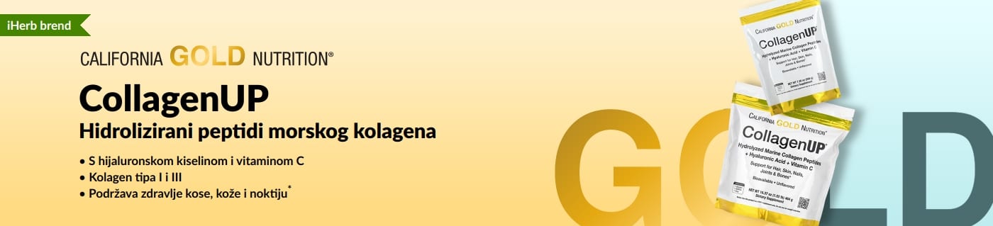 Reklamni natpis za California Gold Nutrition CollagenUP s hidroliziranim peptidima morskog kolagena za zdravu kosu, kožu i nokte.