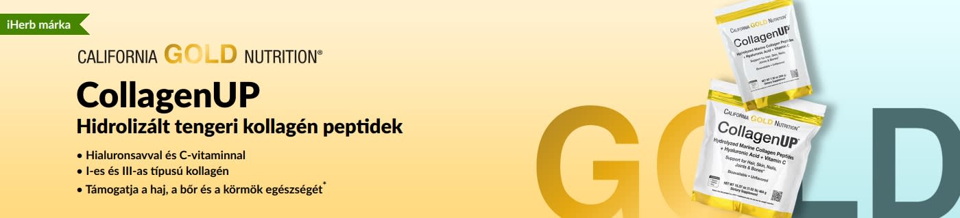 California Gold Nutrition CollagenUP hidrolizált tengeri kollagén peptideket népszerűsítő banner a haj, a bőr és a körmök egészségéért.