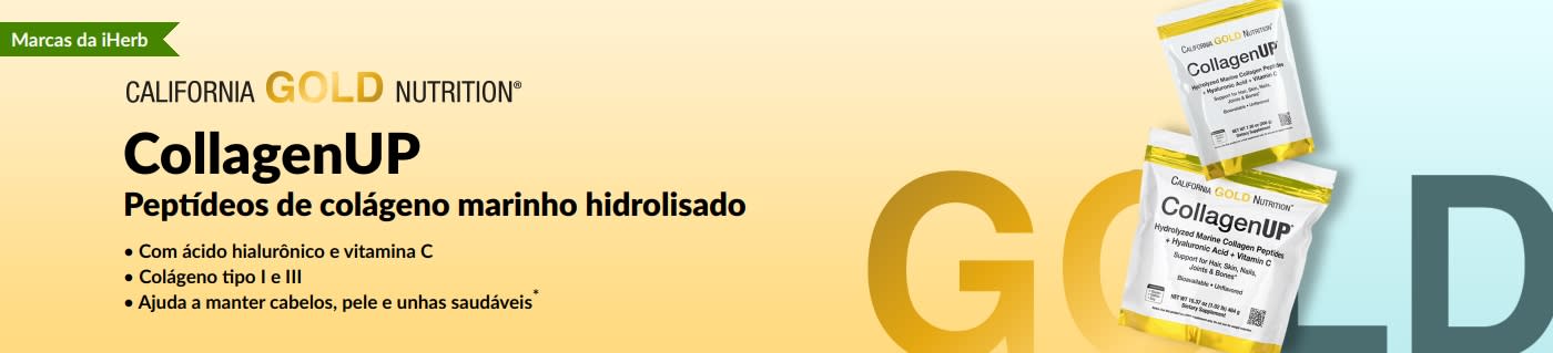 Banner da California Gold Nutrition CollagenUP Peptídeos de colágeno marinho hidrolisado para cabelos, pele e unhas saudáveis.