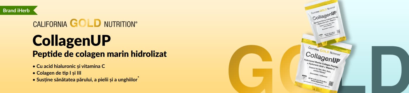 Banner California Gold Nutrition CollagenUP, peptide de colagen marin pentru sănătatea părului, a pielii și a unghiilor.