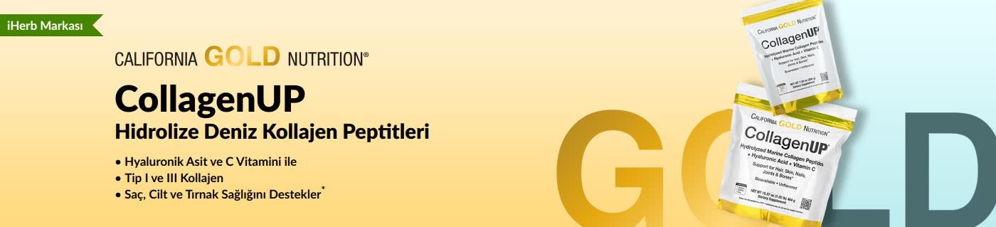 Saç, cilt ve tırnak sağlığı için California Gold Nutrition CollagenUP Deniz Kollajen Peptitleri bannerı.