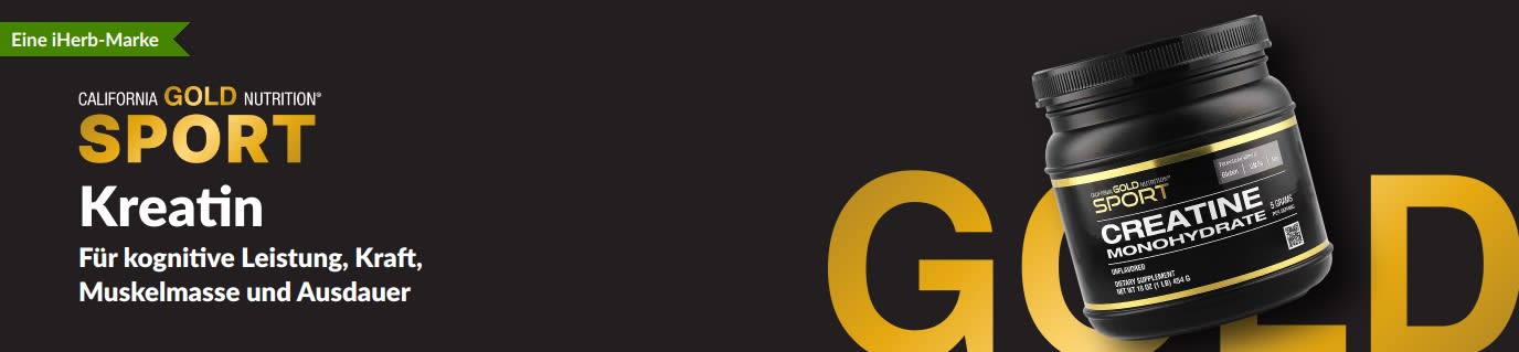 Banner von California Gold Nutrition Sport Creatine, das einen Behälter mit Kreatinmonohydrat und die Vorteile für Kraft und Muskelaufbau zeigt.