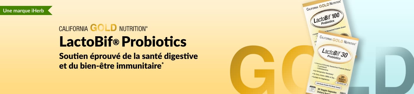 Complément probiotique LactoBif® Probiotics de California Gold Nutrition, offrant un soutien éprouvé pour la santé digestive et le bien-être immunitaire*, disponible en exclusivité chez iHerb.