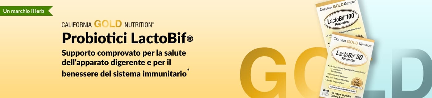 Probiotici LactoBif® di California Gold Nutrition, un integratore che offre un supporto provato per la salute dell'apparato digerente e il benessere immunitario*, disponibile in esclusiva su iHerb.