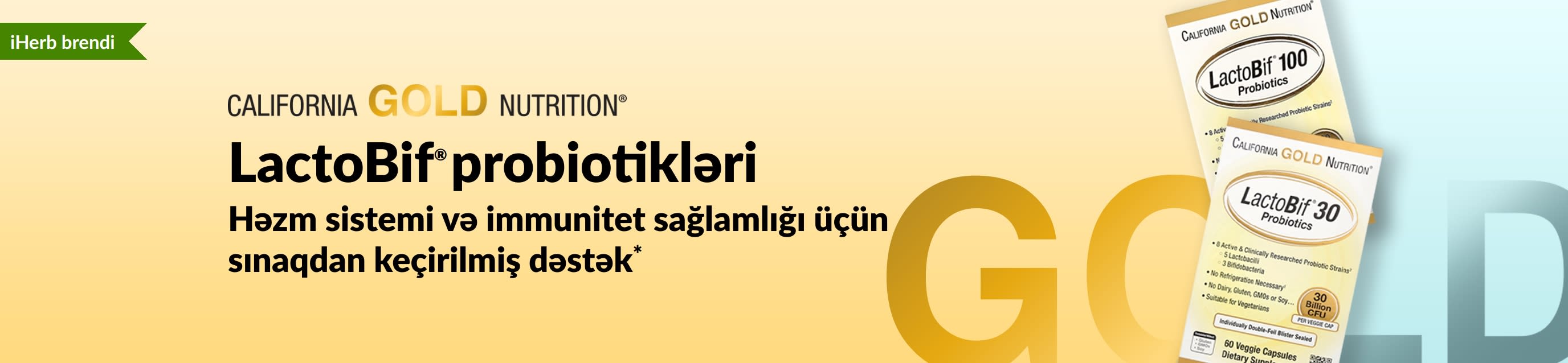 *Həzm sistemi və immunitet üçün sübut olunmuş dəstək təqdim edən California Gold Nutrition LactoBif® probiotikləri — eksklüziv olaraq yalnız iHerb-də.