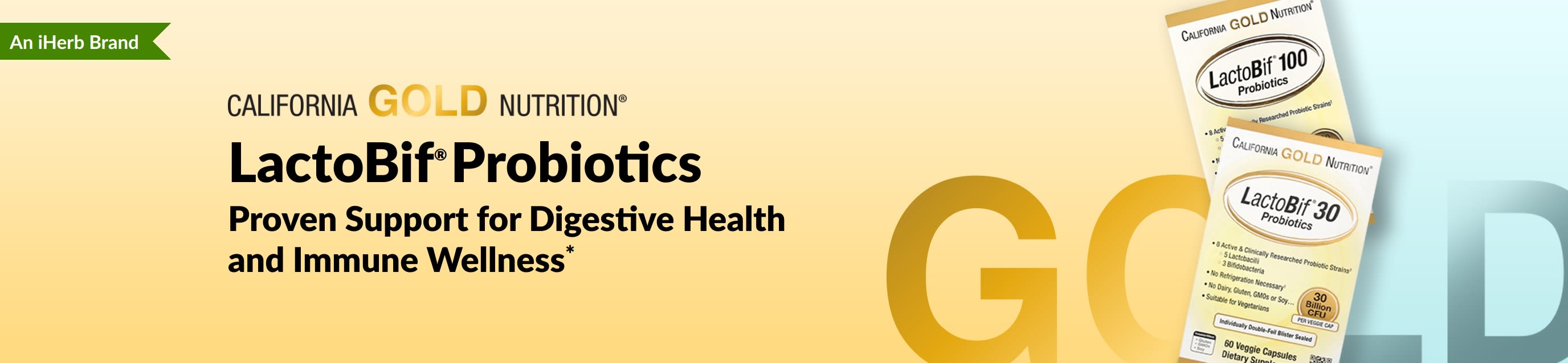 California Gold Nutrition LactoBif® Probiotics supplement offering proven support for digestive health and immune wellness*, exclusively available at iHerb.