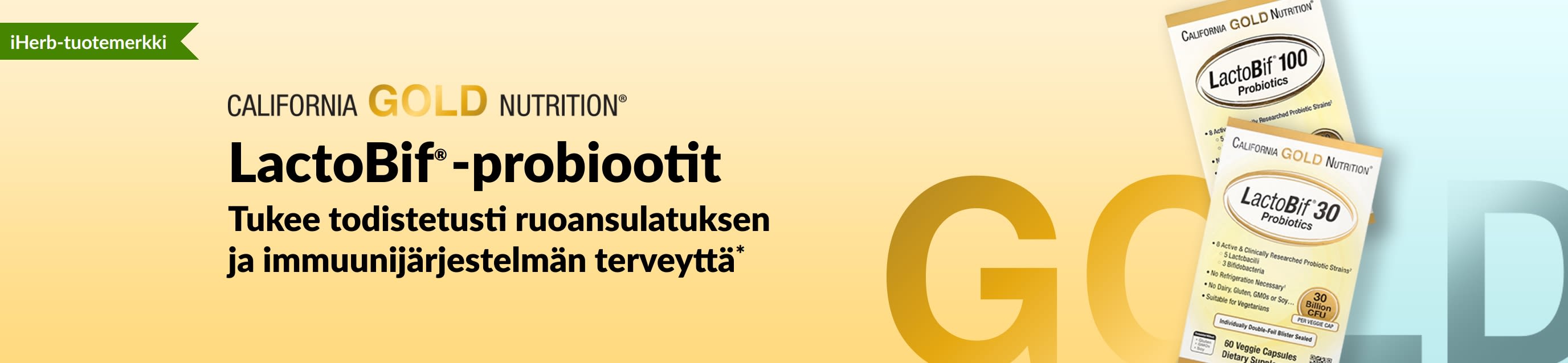 California Gold Nutritionin LactoBif®-probioottilisät tukevat todistetusti ruoansulatuksen terveyttä ja immuunihyvinvointia*, saatavilla vain iHerbistä.