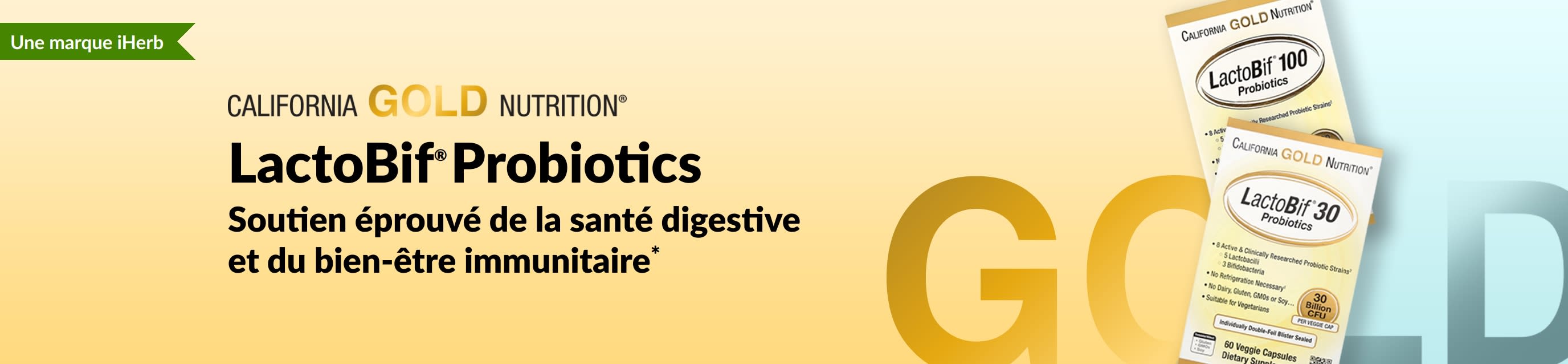 Complément probiotique LactoBif® Probiotics de California Gold Nutrition, offrant un soutien éprouvé pour la santé digestive et le bien-être immunitaire*, disponible en exclusivité chez iHerb.